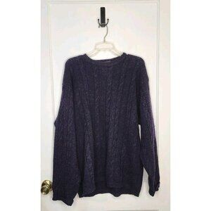 Vintage Eddie Bauer Sweater Sz L Shetland Wool Dark Blue Cable Knit Crew Neck
